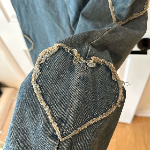 Angel Kiss Heart Patch Blue Jeans Y2K Wide Leg Low Rise Baggy Jeans size 7/28 - Picture 5 of 5